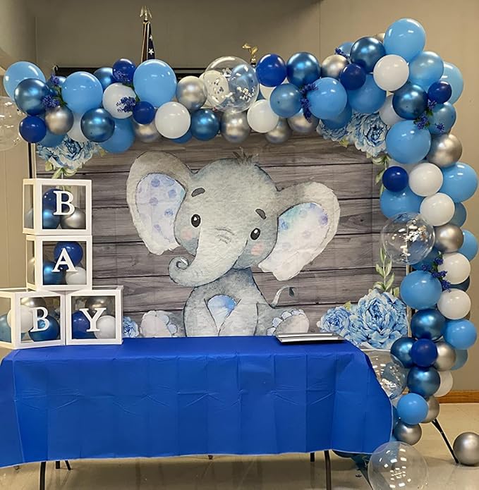 AOFOTO 12x8ft Elephant Rustic Grey Wooden Backdrop for Boy Baby Shower Watercolor Blue Floral Cartoon Animal Gender Reveal Photography Background It's a Boy Newborn Kids Birthday Party Decoration