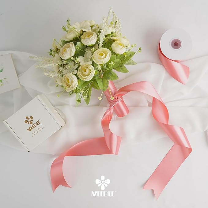 MEEDEE Blush Satin 2 Inch Ribbon Pink Double Faced Ribbon by 25 Yards Silk Ribbons Luxurious Satin Ribbons for Crafts, Weddings, Flower Bouquet, Cake Decoration