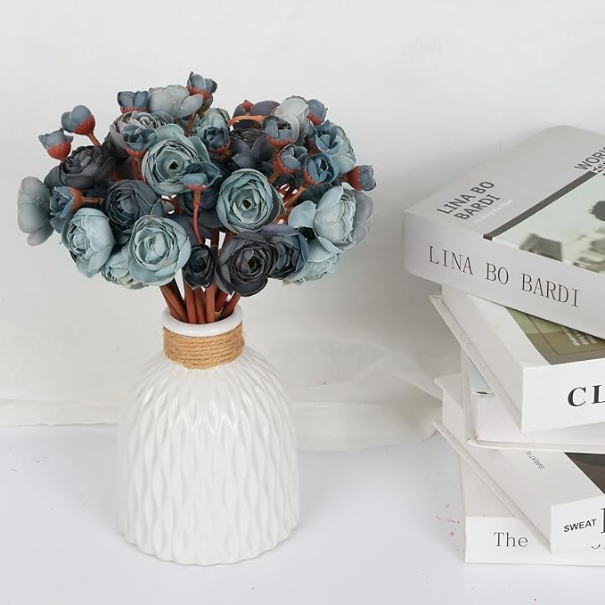 IPOPU Dusty Blue Ranunculus Artificial Flowers 2Bouquets Realistic Silk Flowers 12PCS Mini Fake Flowers for DIY Wedding Bouquet Bridal Shower Decorations Blue Flowers Centerpieces (Dusty Blue)