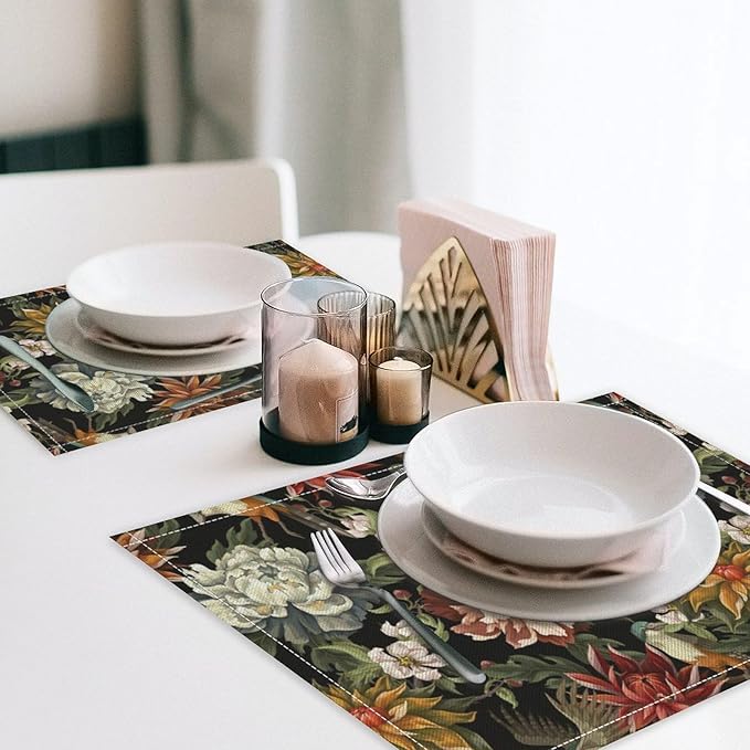 Vintage Floral Placemats Set of 4, 17x12 Inch Colorful Flowers Birds Green Leaves Black Retro Aesthetic Art Print Table Mats for Home Party Kitchen Dining Decor