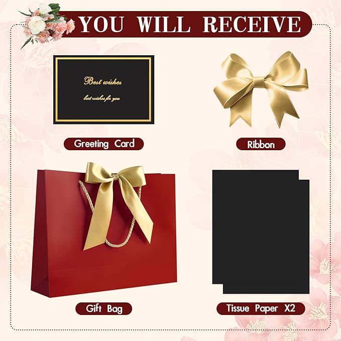JMANNI 1PCS Large Gift Bag with Ribbon and 1 Greeting Card 2 Tissue Papers, Portable Paper Gift Bag with Handles, Birthday Gift Bags,Present Bags for Wedding Party,Mothers Day12.6" x 9.8" x 3.9"(Red)