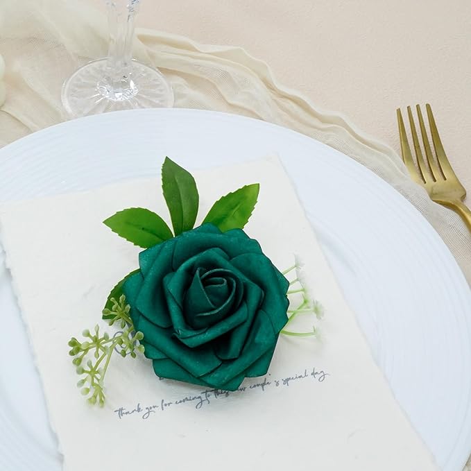 Artificial Flowers, 25pcs Hunter Green Artificial Rose for DIY Wedding Bouquets Centerpieces Arrangements, Fake Flower with Stem for Party