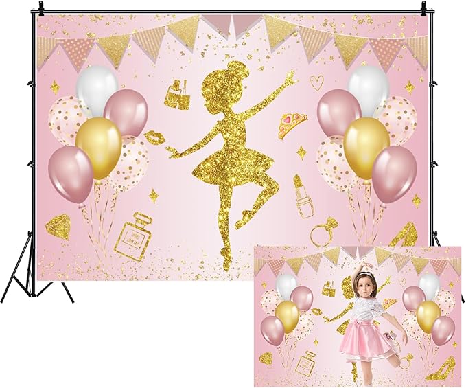 Renaiss 12x10ft Ballerina Princess Backdrop Pink Gold Shiny Elegant Fairy Ballet Dancer Photography Background for Girl Baby Shower Birthday Party Decor Banner Photo Studio Props