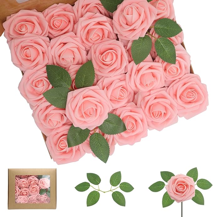 50PCS Pink Artificial Flowers Roses Real Looking Foam Fake Roses with Leaves and for DIY Wedding Bouquets Bridal Shower Centerpieces Party Decorations (Pink, 50)