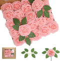 50PCS Pink Artificial Flowers Roses Real Looking Foam Fake Roses with Leaves and for DIY Wedding Bouquets Bridal Shower Centerpieces Party Decorations (Pink, 50)