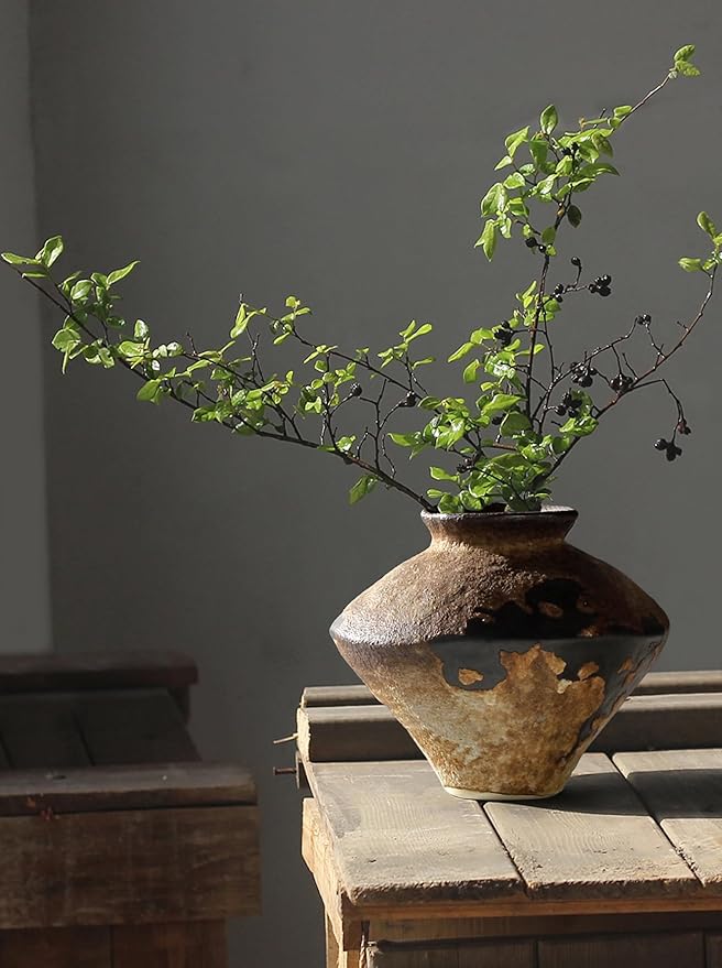 GeLive Brown Ceramic Rustic Vase Jingdezhen Handmade Vintage Pottery Flower Jar for Fresh and Dried Plants Table Centerpiece Wabi Sabi Vase Home Farmhouse Decor