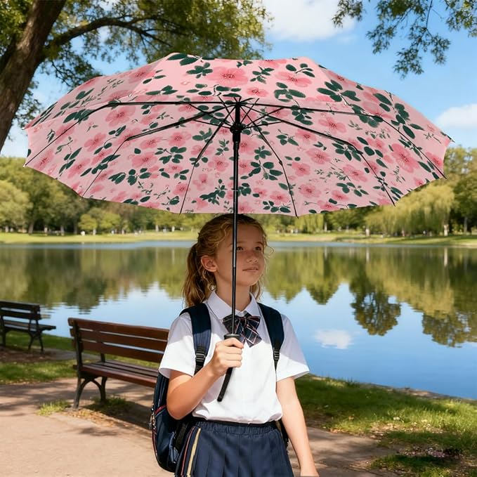 Windproof Travel Umbrella Flowers Florals Seamless Print Compact Auto Open/Close Folding Umbrellas for Rain