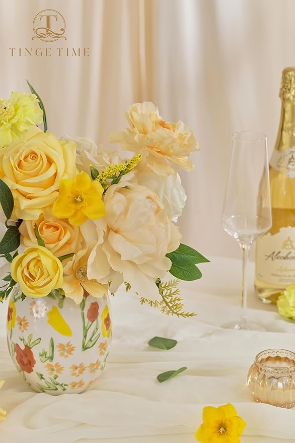 TINGE TIME Artificial Flowers Combo Mix Silk Flowers Yellow Roses w/stem for DIY Wedding Bridal Bouquets Baby Shower Floral Arrangement Table Centerpieces Home Decorations (Yellow & Champange)