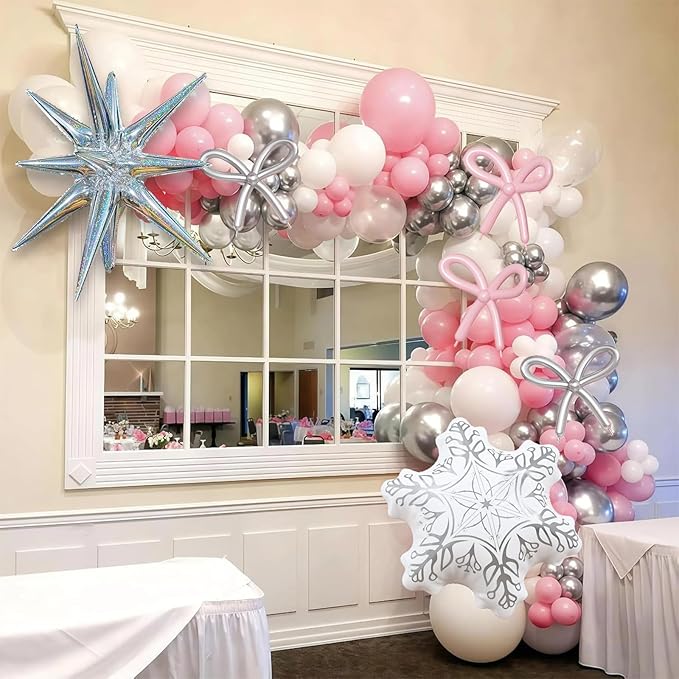 Pink Winter Wonderland Balloon Arch Garland Kit, Pink White Metallic Silver Balloons with Snowflake Star Foil Balloons for Winter Christmas Baby Its Cold Outside Baby Shower Birthday Party Decorations