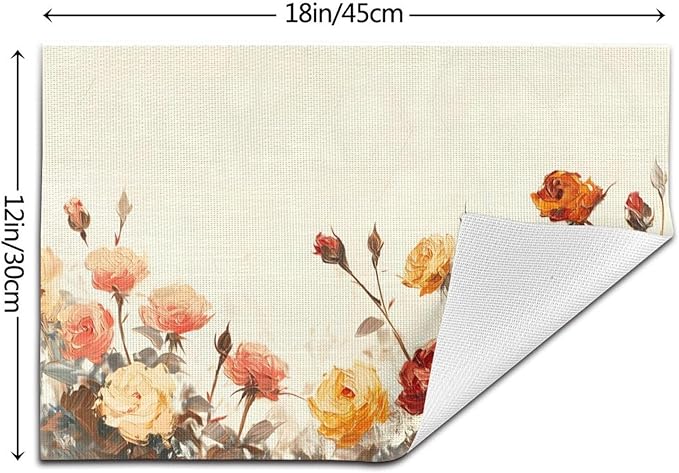 Placemats Set of 4 PVC Woven Place Mats Heat Resistant Easy to Clean for Indoor Outdoor Party Kitchen Dining Table Decoration 12"x18",Vintage Rose Pattern