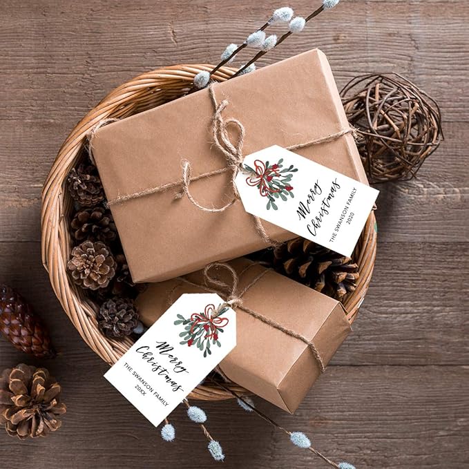 Andaz Press Personalized Christmas Holiday Season Classic Gift Tags, Merry Christmas Custom Family Name and Year, Mistletoe Design, for Holiday Events, Parties, and Favors, 60-Pack
