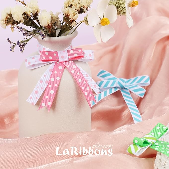 LaRibbons 3/8 Inch 100 Yards Grosgrain Ribbon Set 10 Yd/Roll 10 Rolls Striped and Polka Dot Spring Easter Craft Ribbon for Gift Wrapping Floral Bouquets Wedding Party Decoration