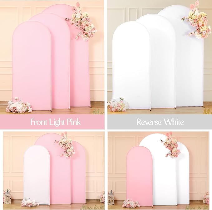 White and Pink Arch Backdrop Cover 6FT 5FT 4FT Arch Covers Stretchy Backdrop Set of 3, Wedding Arch Cover Spandex Fitted Double-Color Fabric Arch Covers for Party Baby Shower Birthday Decoration
