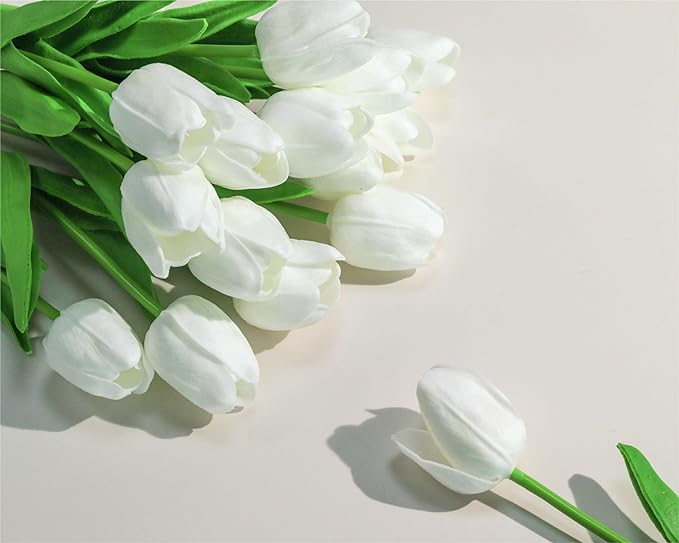 SITUMEIZI 15pcs White Flowers Artificial Tulips Fake Silk Flowers 14" in Bulk Home Kitchen Easter Wedding Decor Spring Easter Bouquet Decorations Floral Arrangements Real Touch Flower