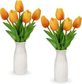 Briful 2 Packs Faux Flowers Artificial Tulips with Ceramic Vase, Poly Foam Orange Tulips Real Touch Flower Arrangement for Home Kitchen Wedding Centerpiece Decoration