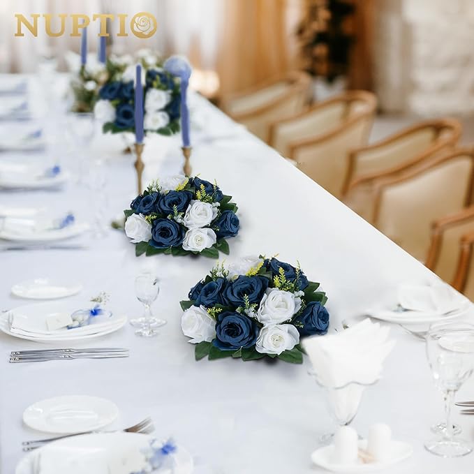 NUPTIO Artificial Flower Centrepieces for Tables - 2 Pcs 9.5in Diameter Navy Blue & White Fake Flowers Roses Balls - Silk Faux Rose Arrangement for Wedding Party Centerpiece Table Decorations