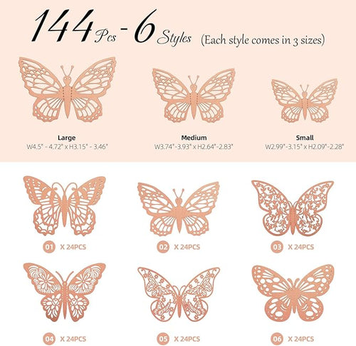 144 Pcs Rose Gold Butterfly Stickers 3D Butterflies Wall Decals Glitter 6 Styles and 3 Sizes Decorative Wall Stickers Butterfly Party Decorations, Butterflies for Cake Decorating
