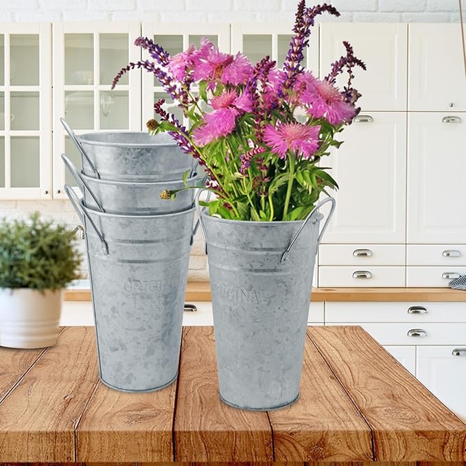 5 Packs 9.8 Inch, Galvanized Metal Vases with Handles, Rustic Tall Flower Buckets for Cut Flowers, Country Wedding, Table Centerpiece Decorations, Vintage Style Flower Containers