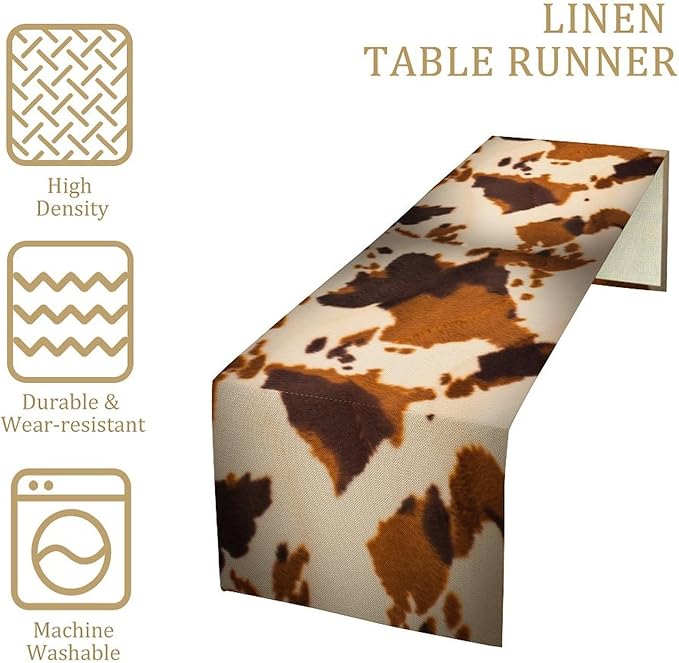 Cow Print Table Runner, Brown Cowhide Print Western Style Table Runner Country Farmhouse Cottage Cow Patten Table Decoration for Home Kitchen Dining, 13x36 Inch