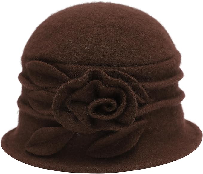 ZLYC Women Wool Cloche Bucket Hat 1920s Vintage Dress Winter Hats with Flower Accent