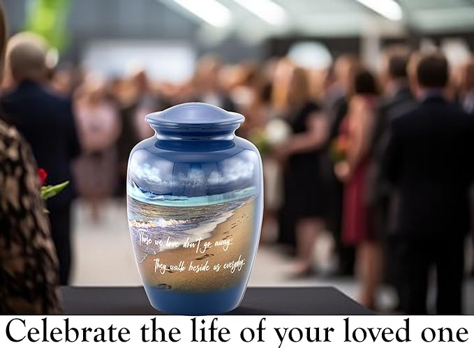 Footprints Cremation Urn - Ocean Blue Memorial Urn with Beach & Waves – Full-Size Handcrafted Metal Funeral Urns for Men & Women’s Ashes (Up to 210 lbs) – A Beautiful Tribute for Ocean Lovers