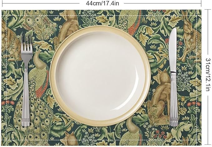 William Morris Floral Animal Placemats Set of 4, Vintage Botanical Plant Birds Rabbit Place Mats, Heat Resistant Non Slip Cotton Linen Dining Table Mats for Home Kitchen Party 18x12 Inch