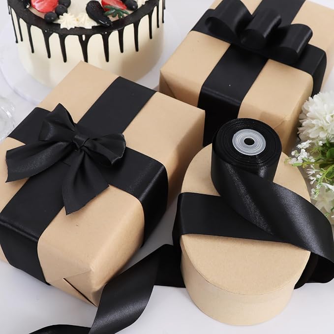 TONIFUL 2 Inch x 25 Yards Wide Black Satin Ribbon Solid Fabric Ribbons Roll for Valentine's Day Crafts Chair Sash Gift Wrapping Invitation Cards Floral Hair Bows Sewing Party Wedding Car Decoration
