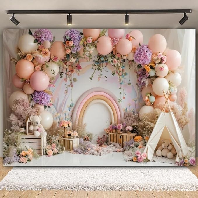 Newborn Baby 1st Birthday Photography Backdrop - Balloons Tent Flower Decor Background for Kids Birthday Party Baby Shower Portrait Cake Smash Props (6x4ft)