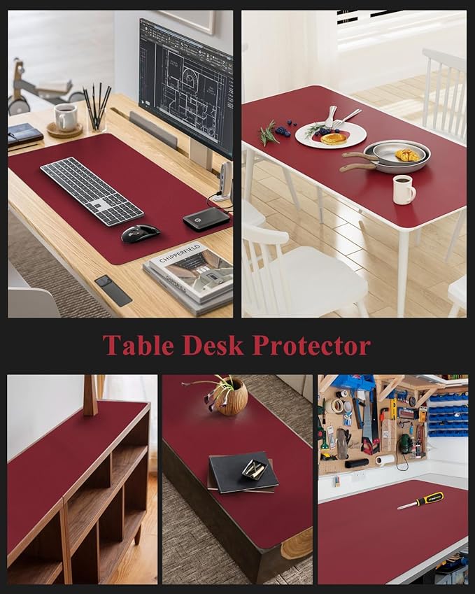 Wine Red Plastic Table Cover Protector, 36" x 72" Waterproof Easy Flat PVC Desk Pad Mat, 1.5mm Thick Rectangle Vinyl Table Top Protector for Dining Room Table, Office, Dresser