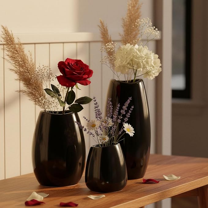 hjn Ceramic Vase Set of 3 Black Flower Vase for Home Decor, Modern Decorative Vase for Flowers/Ideal Shelf Decor/Table/Living Room/Kitchen/Office-Black