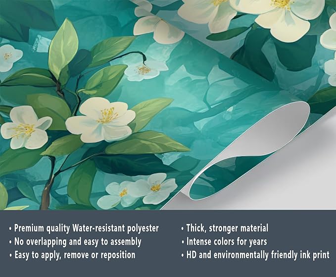 Jasmine Blossom Wall Mural, Elegant Floral Landscape 3D Wall Murals, Nature Turquoise Botanical Wallpaper Mural, for Living Room Bedroom Large Wallpaper Indoor Decor 169.3" W x118.2 H