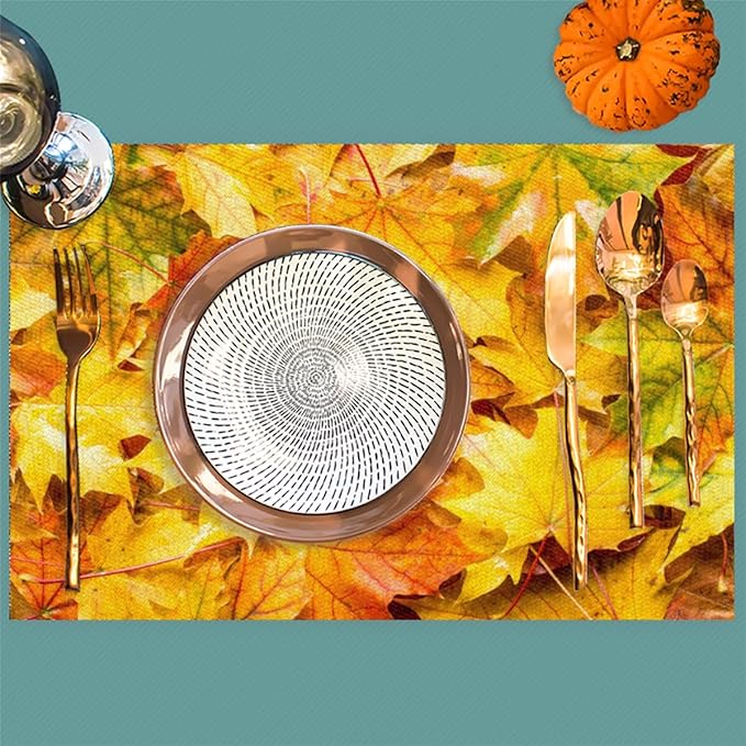 Autumn Maple Leaf Fall Placemats Set of 6 PVC Vinyl Non Slip Table Mats Heat Resistant Place Mats Washable Wipeable Dining Table Mat for Kitchen Decor Party Indoor Outdoor Decorative Gift
