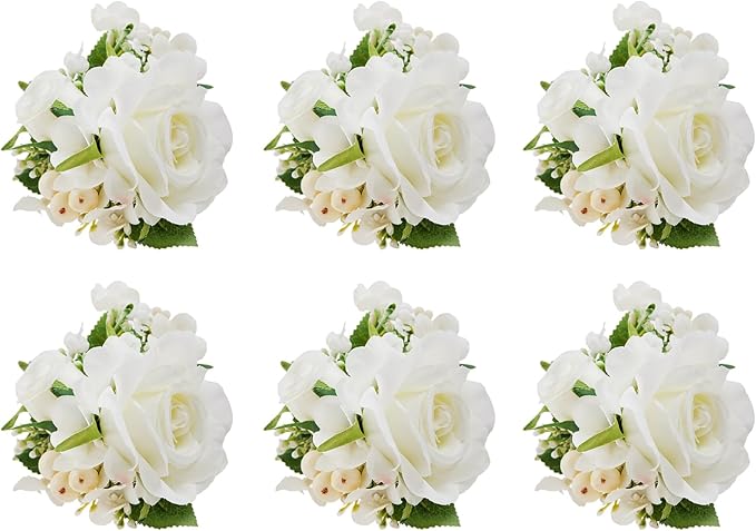 Meldel Pocket Boutonniere for Men, Set of 6, Groom Groomsman Boutonnieres for Wedding Prom Suit Accessories, Artificial White Rose Corsage for Party Ceremony Anniversary Graduation Flowers