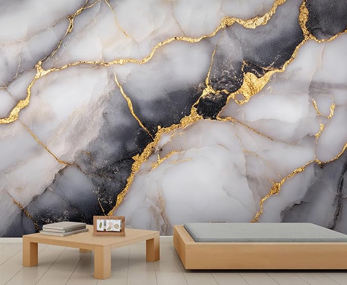 Golden Veins Marble Wall Mural, Black and White Marble 3D Wall Murals, Luxury Stone Wallpaper Mural, for Living Room Bedroom Large Wallpaper Indoor Decor 169.3" W x118.2 H