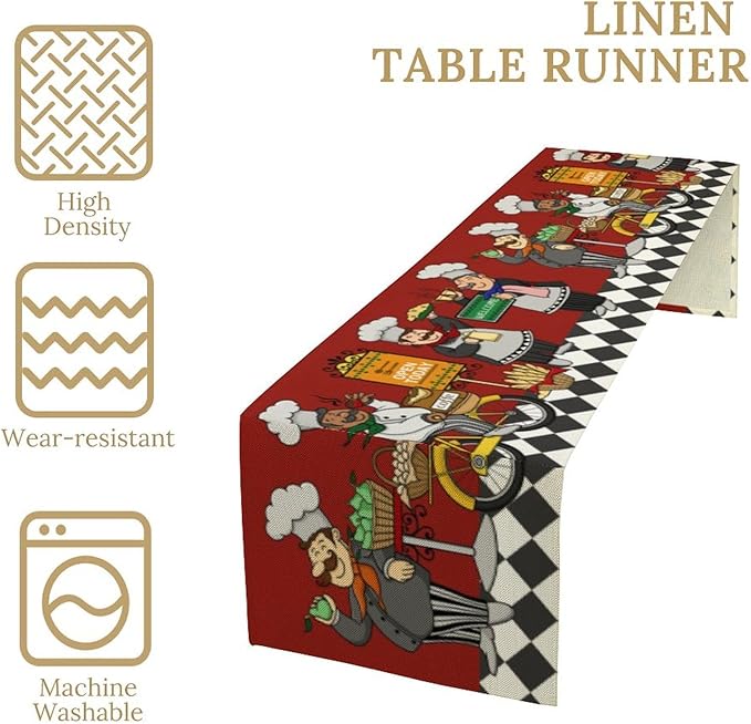 Retro Chef Table Runner,Farmhouse Burlap Table Runners for Party Wedding, Chef Decorations for The Kitchen, Chef Kitchen Decor 13x70in