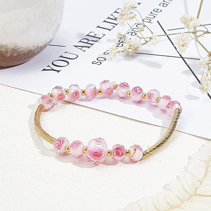 PH PandaHall 70pcs 6~8mm Rose Lampwork Beads Silver Foil Glass Beads Flower Glass Beads Floral Handmade Lampwork Beads Round Loose Beads for Rosary Making Jewelry Craft Making 2mm Hole - Sliver Pink