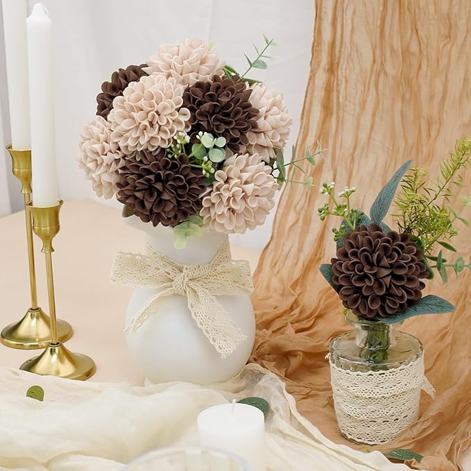 Artificial Flowers, 100pcs Artificial Rose for DIY Bouquets Arrangement, Brown and Tan Dahlia Flowers Foam Fake with Stems for Wedding Shower Party Floral Arrangements Tables Home Decorations
