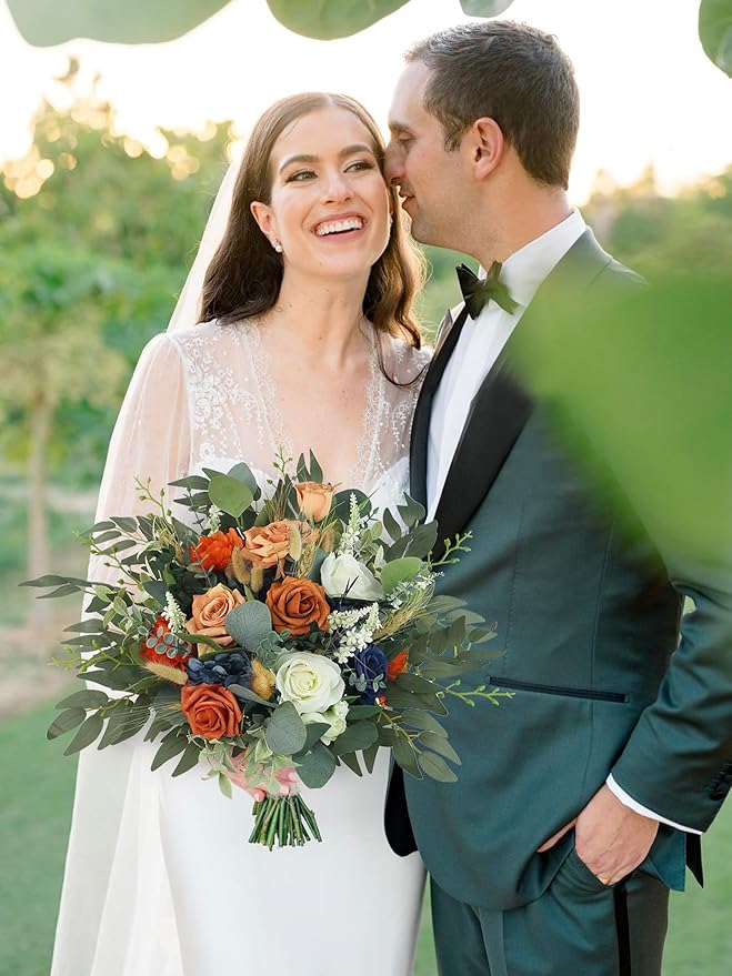 Rinlong Fall Wedding Bouquets for Bride Navy Blue Burnt Orange Bridal Bouquet for Wedding Terracotta Bouquets Boho Artificial Flowers