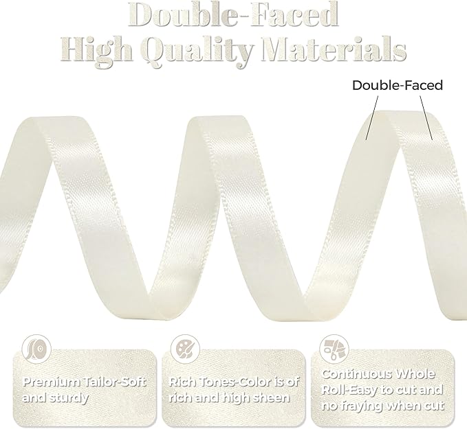 Antique White Satin Ribbon, Double Faced 3/8 Inch X 50 Yards Antique White Ribbon, Premium Satin Ribbon for Gift Wrapping, Crafts, Hair Bow Making, Sewing, Flower Bouquet, Wedding Party Decor