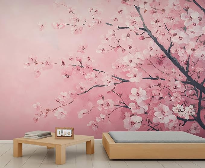 Pink Cherry Blossom Wall Mural, Romantic Cherry Blossom 3D Wall Murals, Japanese Flower Wallpaper Mural, for Living Room Bedroom Large Wallpaper Indoor Decor 137.8" W x100 H