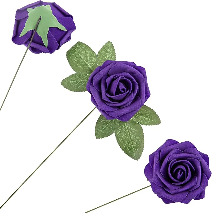Artificial Flower Foam Rose 25pcs Real Looking Fake Rose with Stems Leaves for Home Decoration Party Garden Centerpieces DIY Wedding Bouquets（Purple）