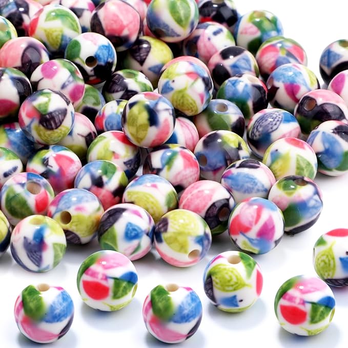 100 PCS 10mm Resin Beads Bulk for Bracelet Making Kit, Green Leaves Printed Round Loose Beads for Jewelry Earring Necklace Rings Art Craft DIY Projects