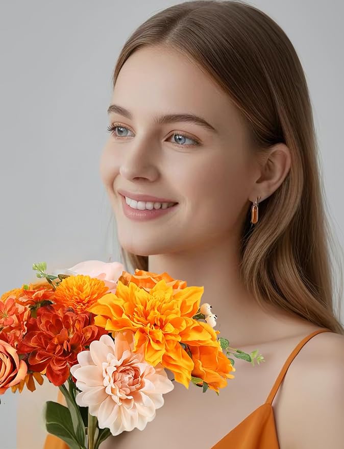 Multi Use Artificial Fall Flowers Burnt Orange Combo Box Set Rose Dahlia Peony Fake Flowers with Stems for DIY Bridal Wedding Bouquets Centerpieces Baby Shower Party Home Decor