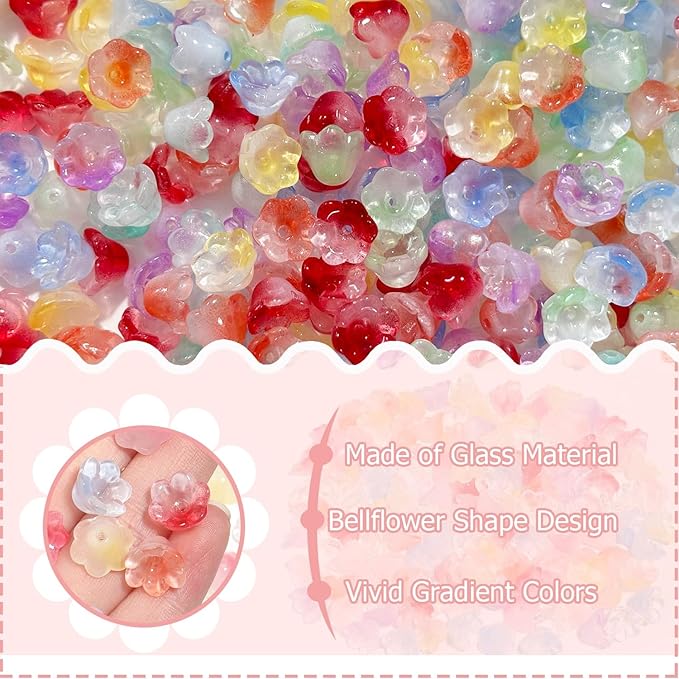 LadayPoa 350pcs Glass Bellflower Beads for Jewelry Making Trumpet Flower Beads Gradient Clear Cute Bead for Bracelets Making Aesthetic Bead Charms for DIY Necklace Decoration-Rainbow Series