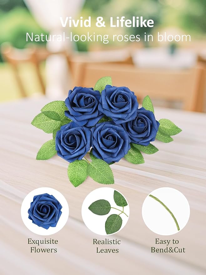 N&T NIETING Artificial Flowers Navy Blue Roses 50Pcs Fake Flowers Foam Roses with Stems for DIY Wedding Bridesmaid Bridal Bouquets Centerpieces Party Home Decoration Baby Shower