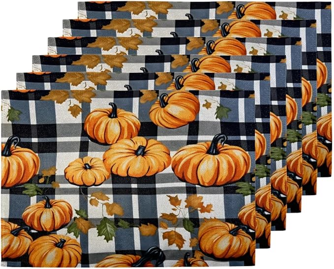 Halloween Pumpkin Placemats Set of 6, Washable Linen Place Mats, Black Buffalo Plaid Table Mats for Kitchen Dining Table Decor Heat Resistant Tablemats 12x18
