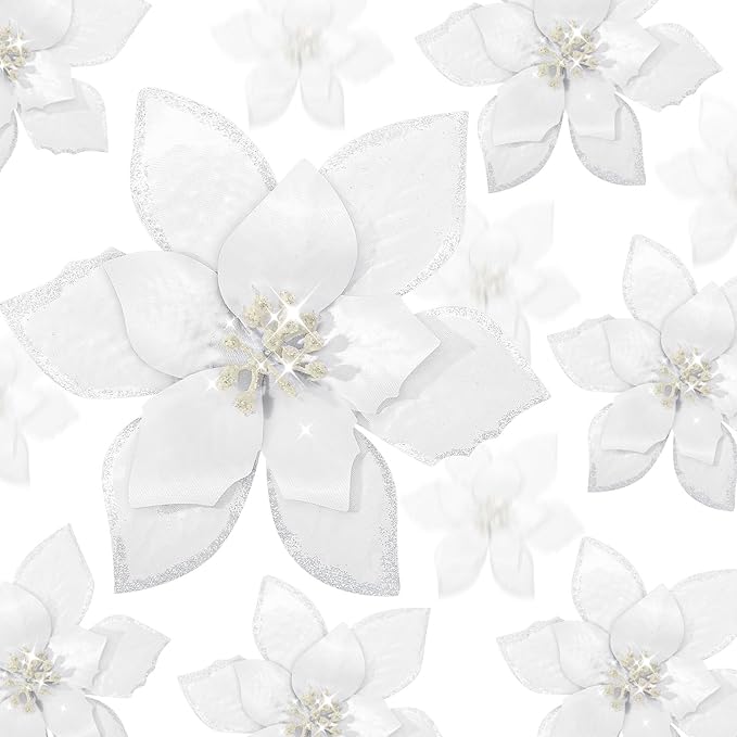 WILLBOND 24 Pcs 3 Size Poinsettia Flower Artificial Christmas Decor Glitter Poinsettia Christmas Ornaments Faux Flowers for Xmas Tree Outdoor(4/6/7.9 Inches,White)