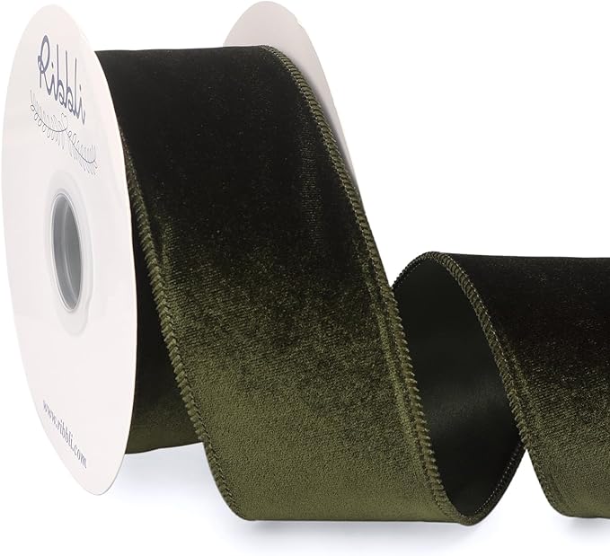 Ribbli Moss Green Velvet Wired Ribbon 2.5 Inch Velvet with Satin Christmas Ribbon for Gift Wrapping Christmas Tree Decoration Crafts Wreaths Supplies-Continuous 10 Yards