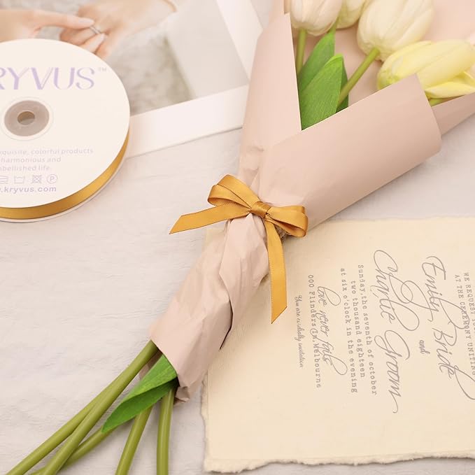 Old Gold Satin Ribbon, Double Faced 3/8 Inch X 25 Yards Old Gold Ribbon, Premium Satin Ribbon for Gift Wrapping, Crafts, Hair Bow Making, Sewing, Flower Bouquet, Wedding Party Decor