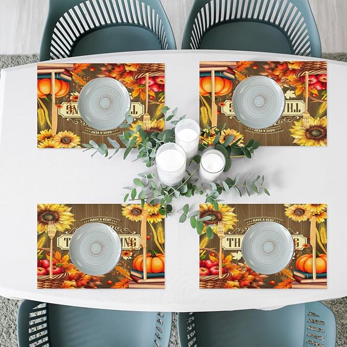 Thanksgiving Holiday Pumpkins Fall Placemats Set of 1 PVC Vinyl Non Slip Table Mats Heat Resistant Place Mats Washable Wipeable Dining Table Mat for Kitchen Decor Party Indoor Outdoor Decorative Gift